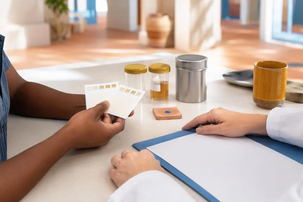 Plans de laboratorio para panel de hormonas en mulleres e homes dispostos con tarxetas de ouriña seca e tubos de proba en soro