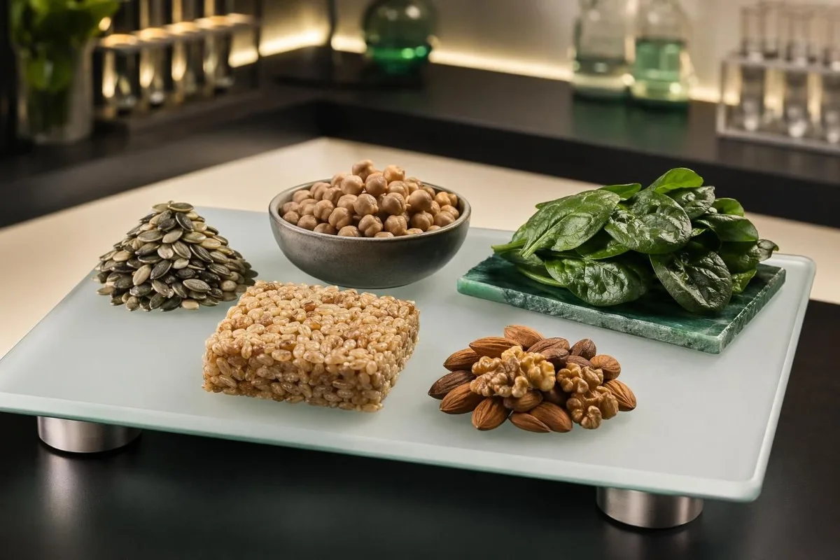 Portions quotidiennes d’aliments riches en magnésium illustrées par des graines, des légumineuses, des légumes verts et des céréales