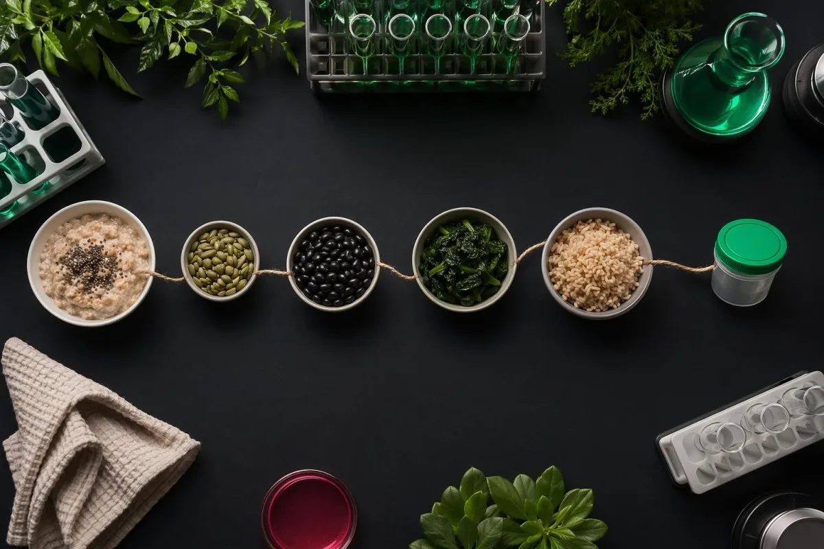 Portions d’aliments riches en magnésium réparties en graines, haricots, légumes verts et céréales complètes