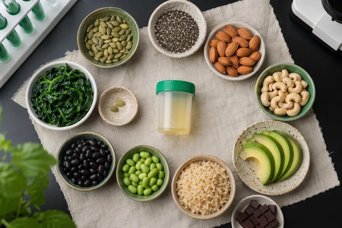 Aliments riches en magnésium disposés à côté d’un dispositif de test du magnésium en laboratoire