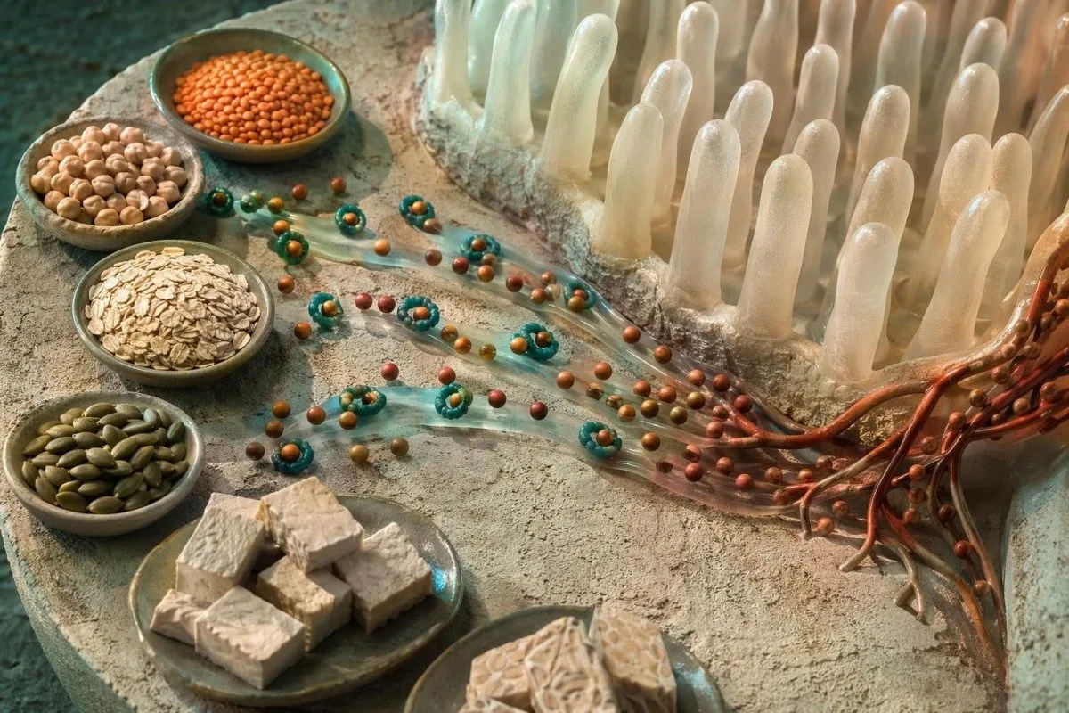 वनस्पतींमधून मिळणारे झिंक जास्त असलेले अन्न आतड्यांतील शोषण मार्गाच्या मॉडेलसह दर्शविलेले