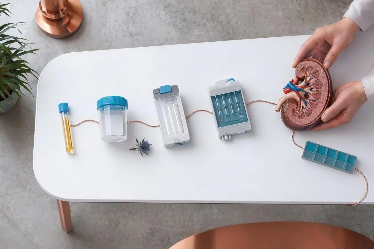 Flux du processus du test de GFR avec des éléments de laboratoire pour l’albumine urinaire et les électrolytes