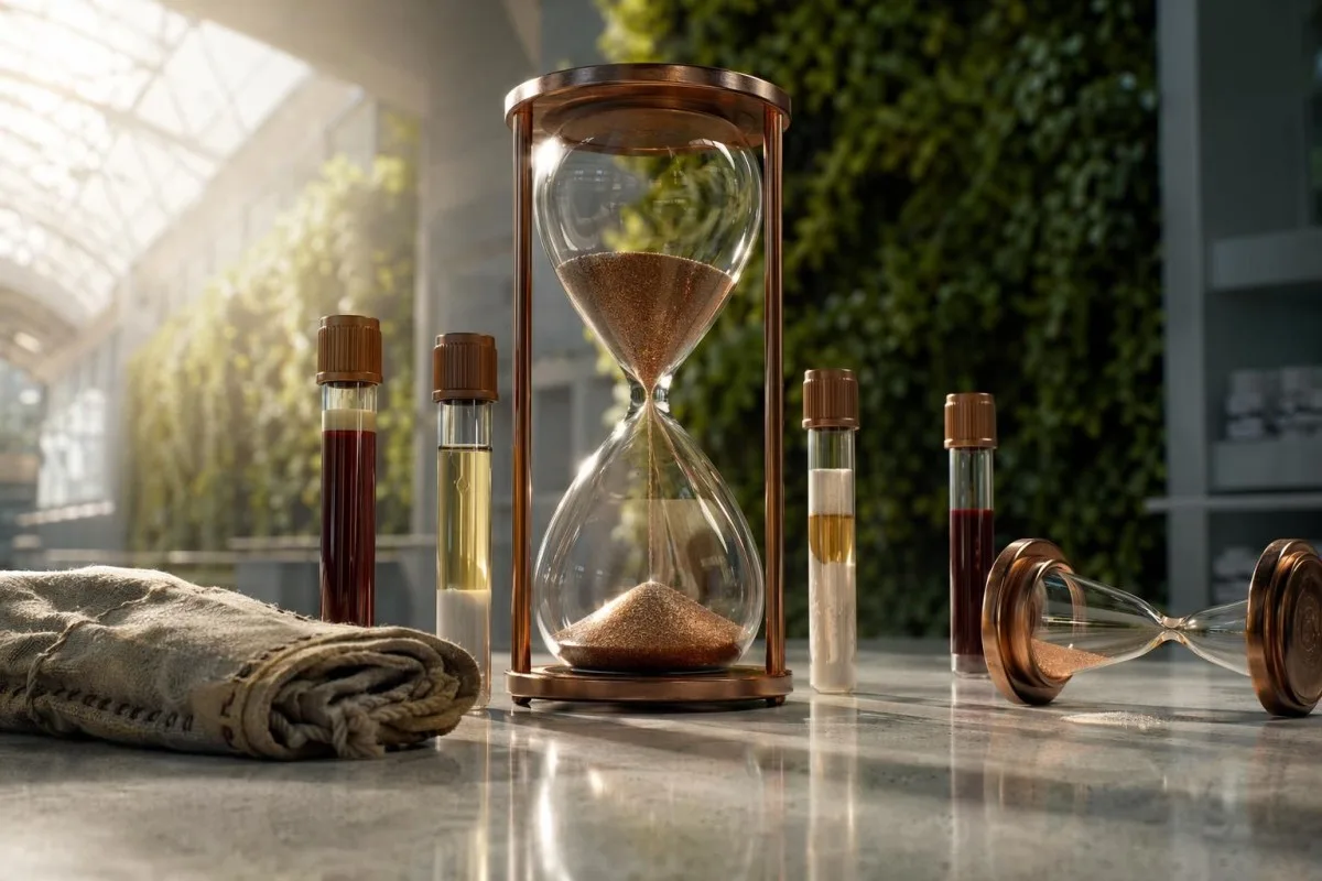 ঘড়িঘণ্টা (hourglass) আৰু assay টিউবসহ লেবৰেটৰী স্থিৰচিত্র—লেবৰেটৰী ট্ৰেণ্ড গ্ৰাফৰ সময় (timing) বুজাই দিয়া