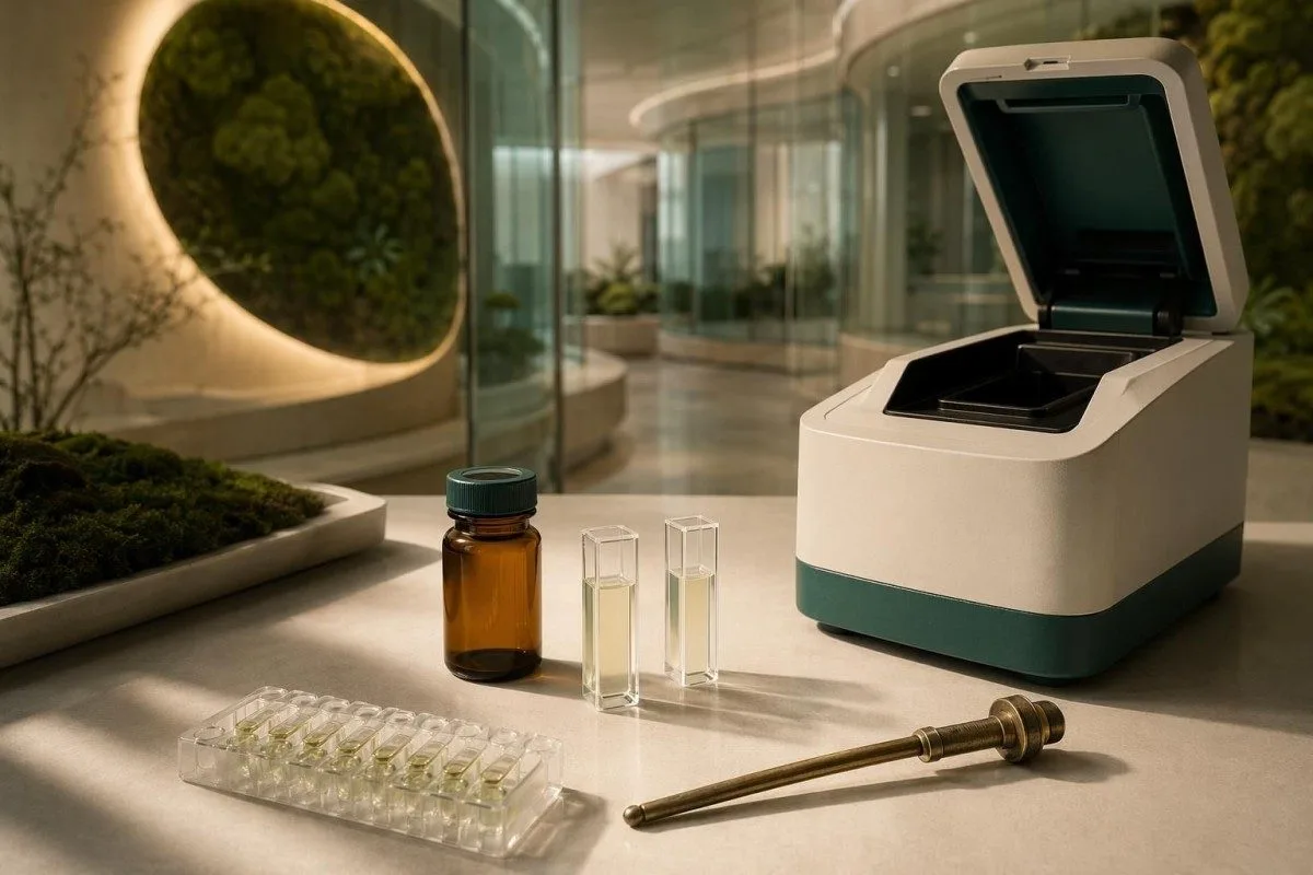 لیب ویلیوز انزائم اسے (enzyme assay) کی سیٹ اپ: ٹیال (teal) لیبارٹری میں کیویٹس (cuvettes) اور اینالائزر کے ساتھ