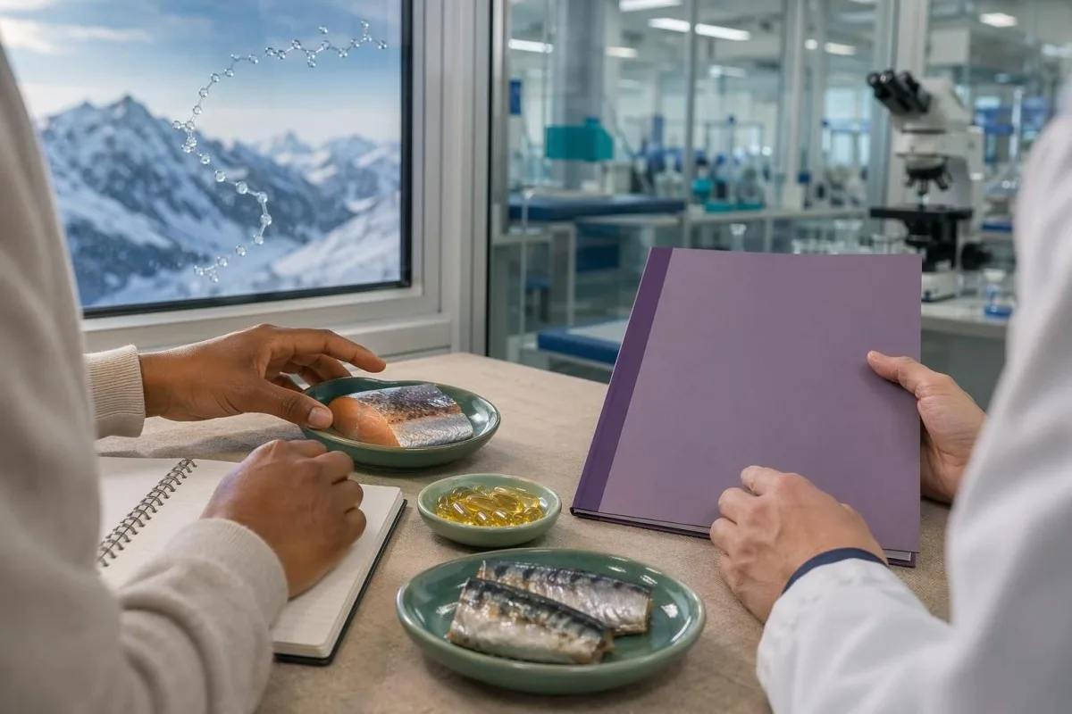 Сцэна клінічнай кансультацыі: агляд прадуктаў з omega-3 і рэакцыі на аналіз крыві EPA DHA