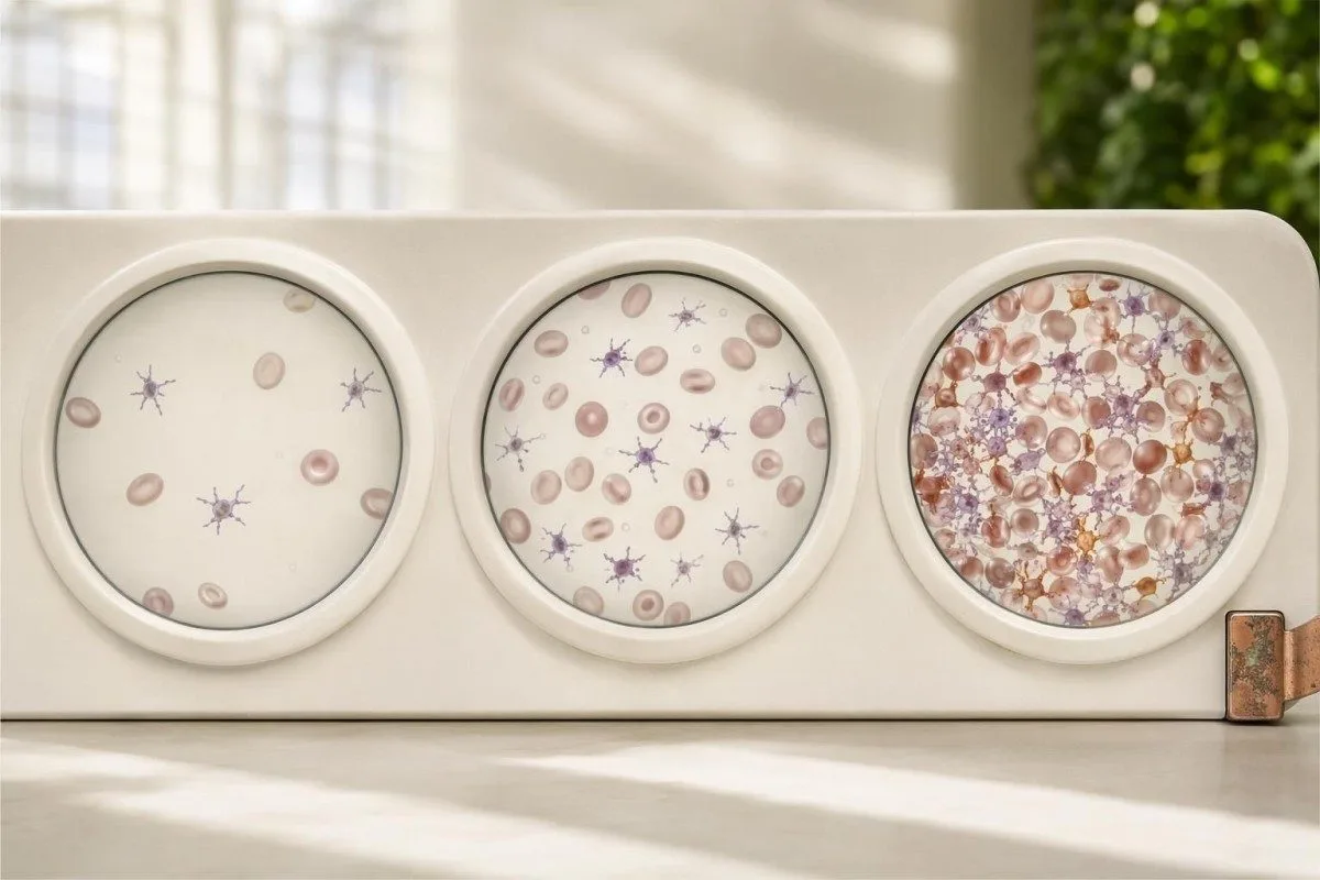 சாதாரண, குறைந்த, மற்றும் அதிக செல்கள் அடர்த்தி (cellular element density) காட்டும் platelet எண்ணிக்கை ஒப்பீடு