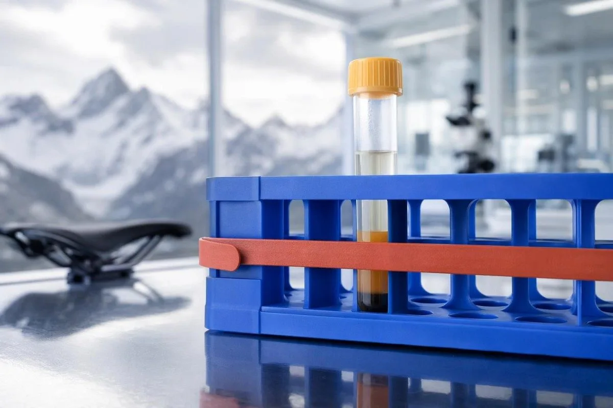 የPSA ምርመራ ዝግጅት ከላቦራቶሪ ናሙና ቪያል (sample vial) ጋር እና የጊዜ ማስታወሻዎች ጋር የታየ