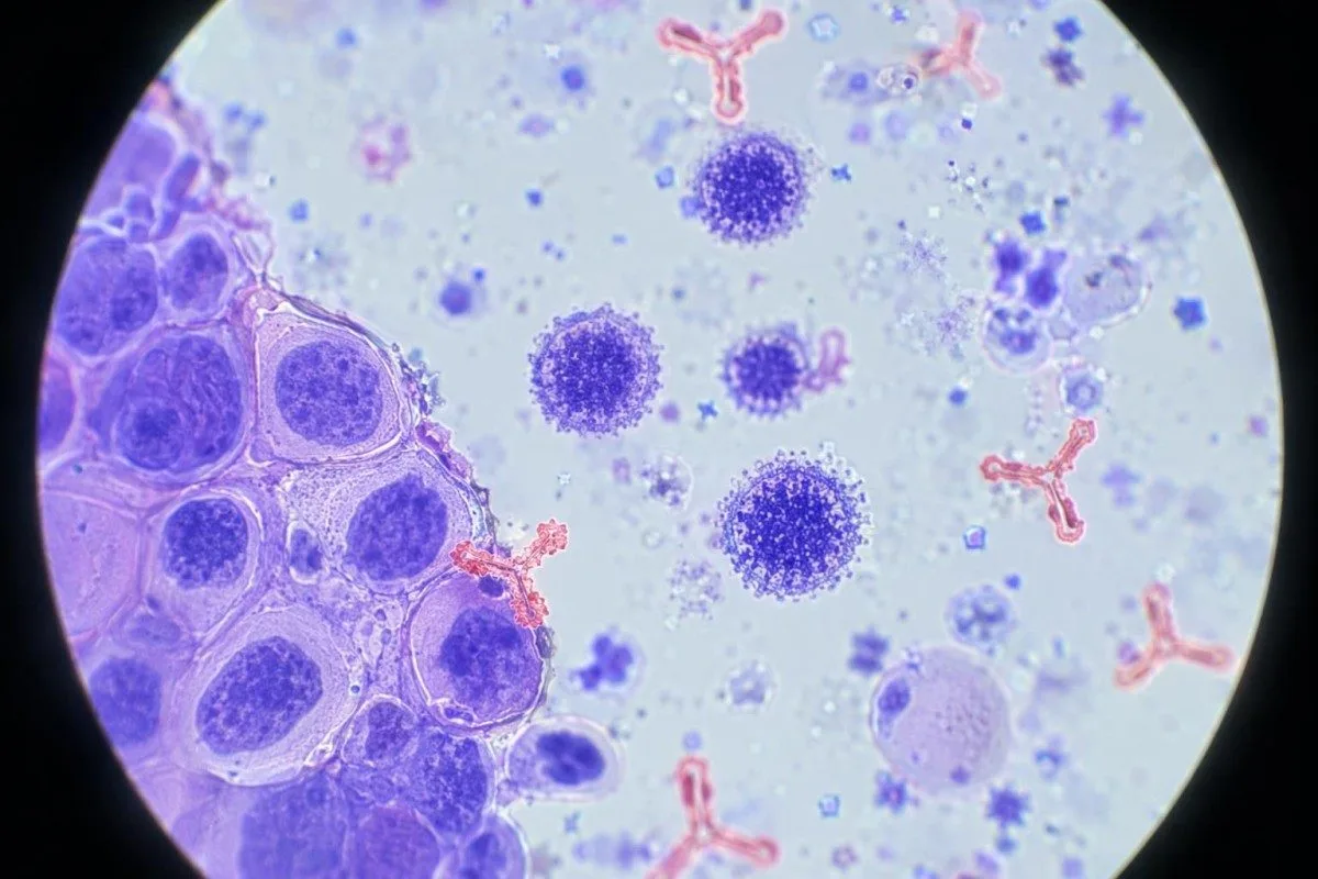 Vista microscopica dell’esame del sangue per MST per il test degli anticorpi dell’herpes e delle particelle virali