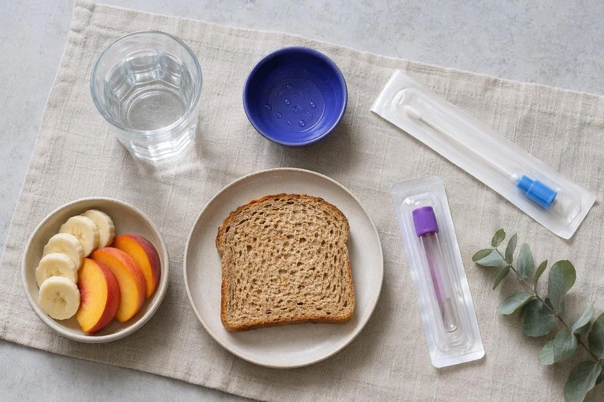 Preparazione dell’esame del sangue per MST con acqua, pasto leggero e kit di campione di laboratorio sigillato