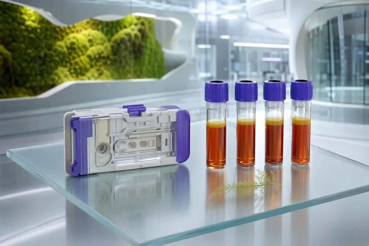 STD blood test serology cartridge with sealed lab specimens in a modern laboratory
