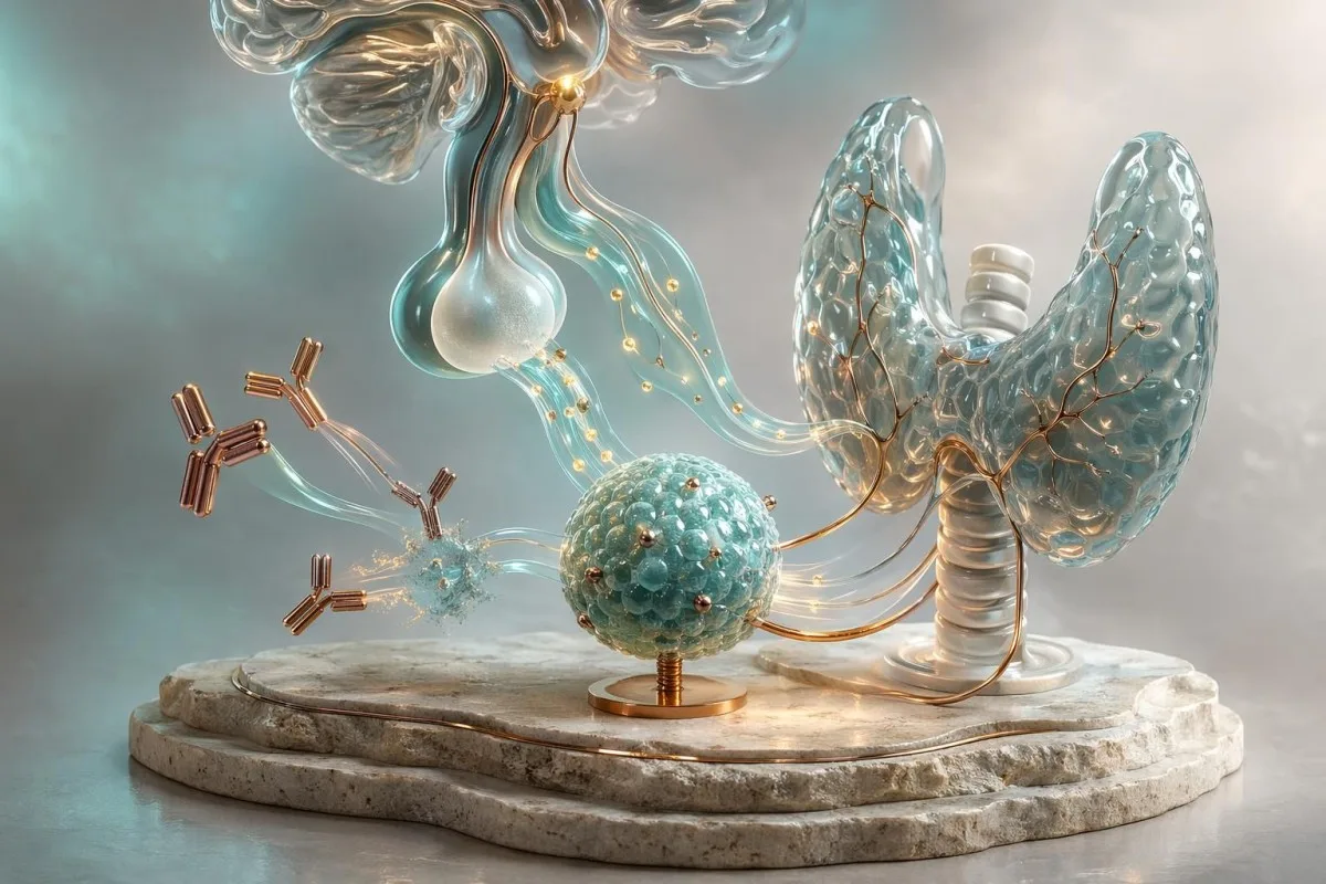 3D фізіялагічны шлях, які звязвае гіпофіз, шчытападобную залозу, тиреоглобулин і перашкоды з боку антыцелаў