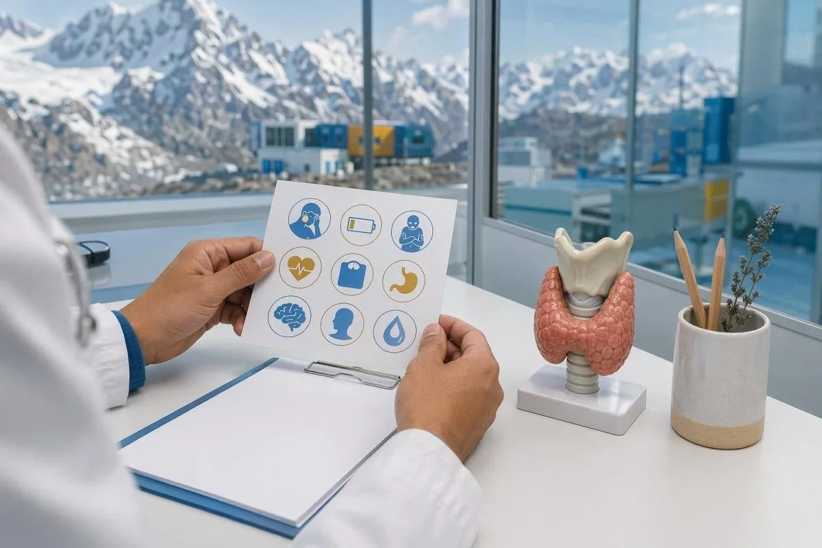 Revue du bilan sanguin thyroïdien avec des notes de symptômes pour la fatigue et l’intolérance au froid