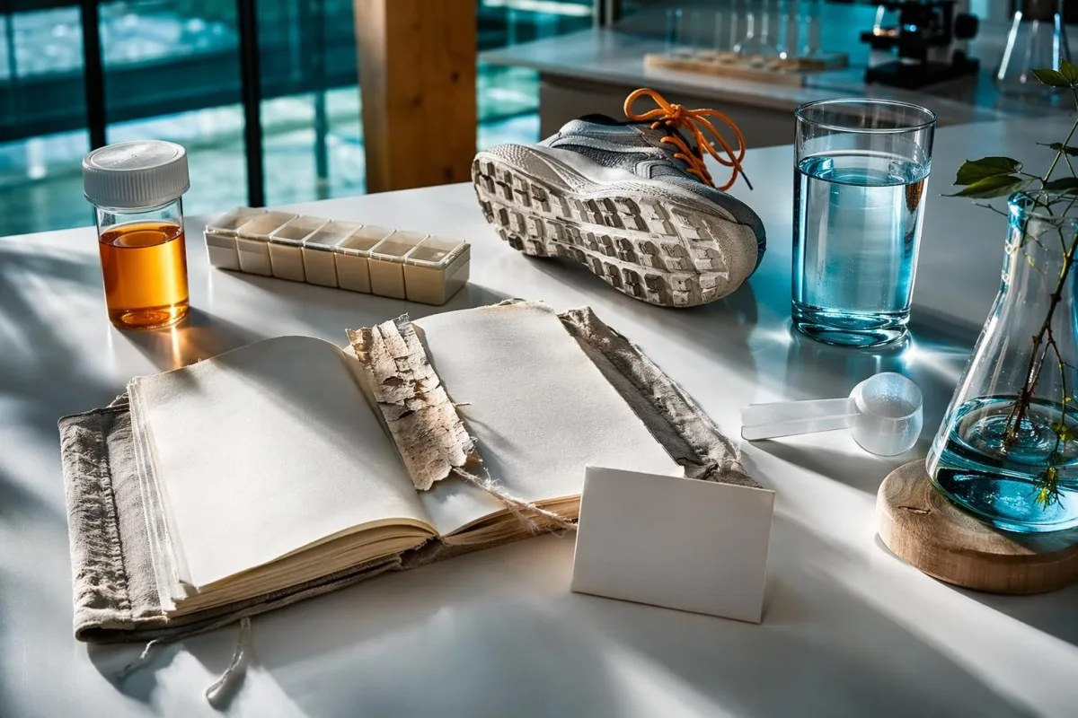 การตรวจเลือดเพื่อภาวะหมดไฟ (burnout) ภาพนิ่ง (still life) แสดงเบาะแสการออกกำลังกาย ยา และการรบกวนจากการตรวจในห้องแล็บ