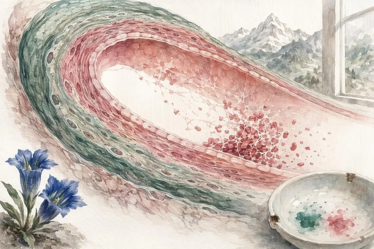D-dimer blood test context shown with aging vessel tissue and fibrin turnover illustration
