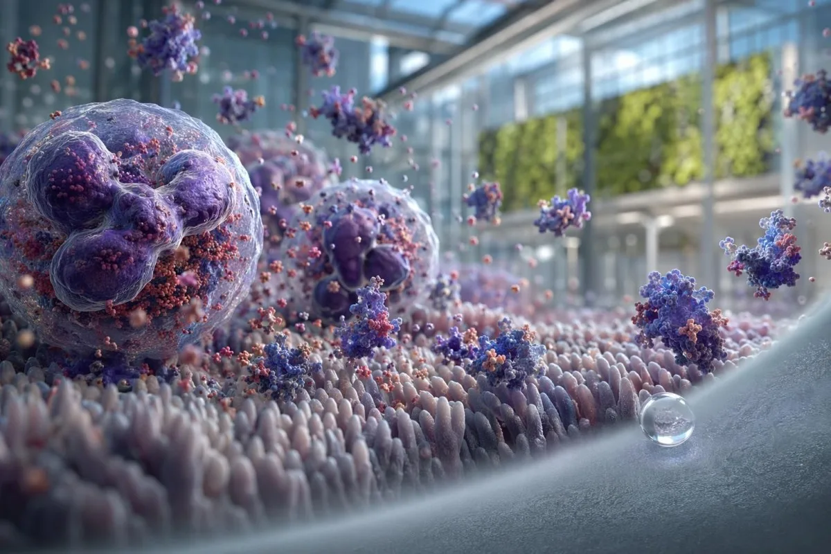 Ilustrasi molekul calprotectin protein berhampiran sel imun dalam tisu usus