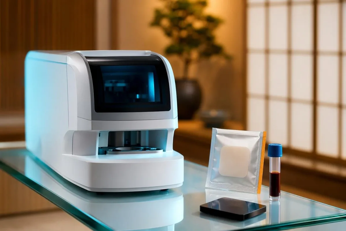 immunoassay analyzer တစ်လုံးဘေးတွင် FSH အဆင့်များကို စမ်းသပ်ခြင်းနှင့် ဟော်မုန်းကုထုံး (hormone therapy) ပတ်ချ်ပစ္စည်းများ