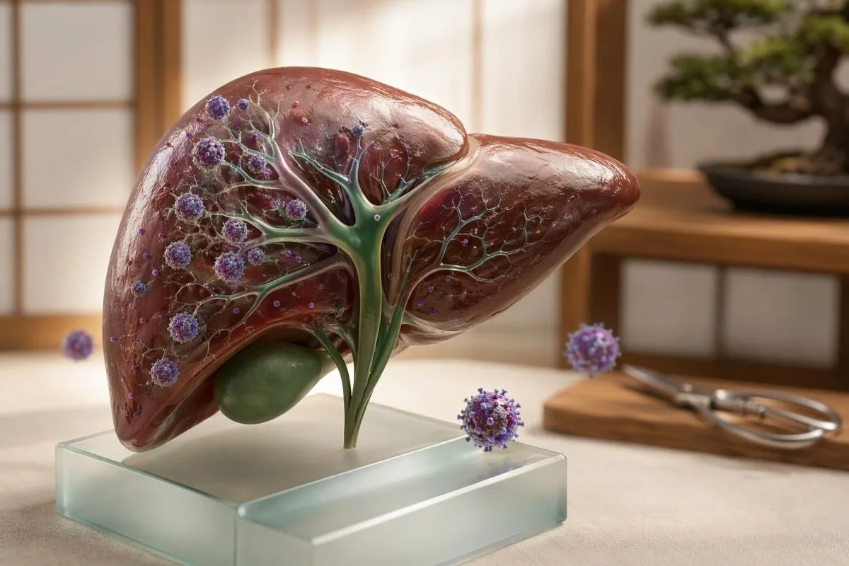hepatitis C symptoms shown by a detailed liver illustration with viral particles