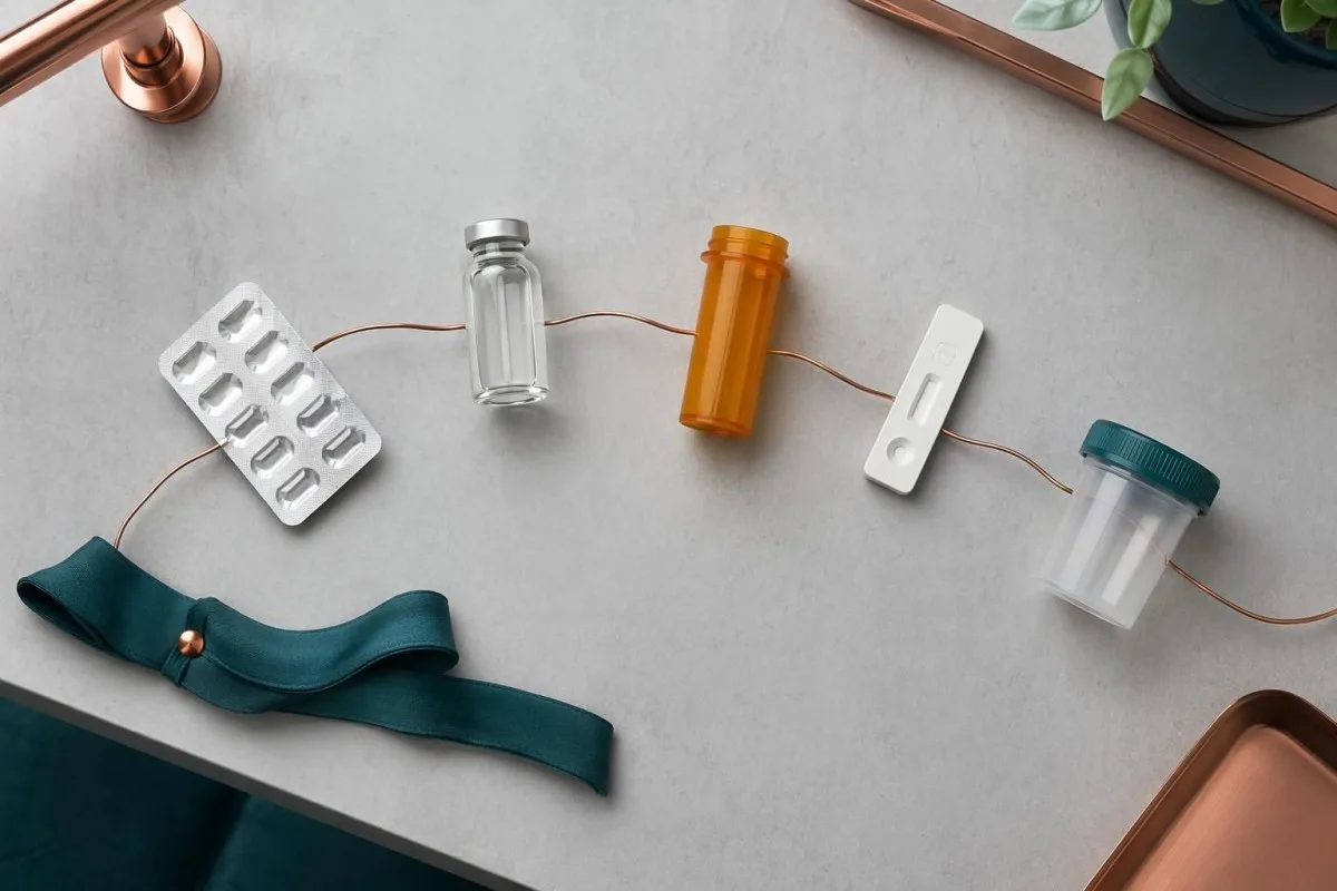 فضای کاری مرور داروها با مواد سنجش هورمون و اشیای خط زمانی نسخه‌ها