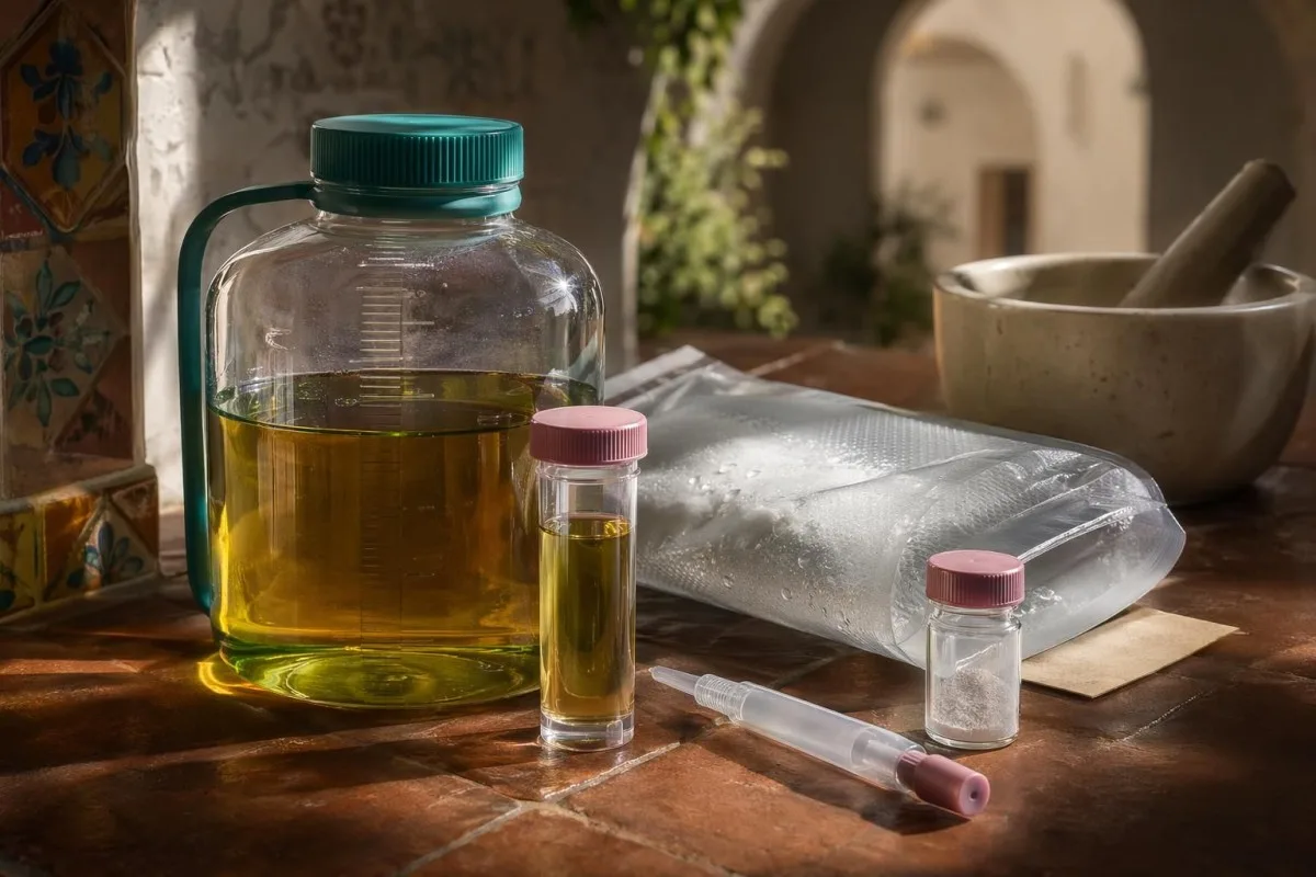 צ’ק ליסט של המטופל לצד כד איסוף שתן וכוס שתייה לפני הבדיקה