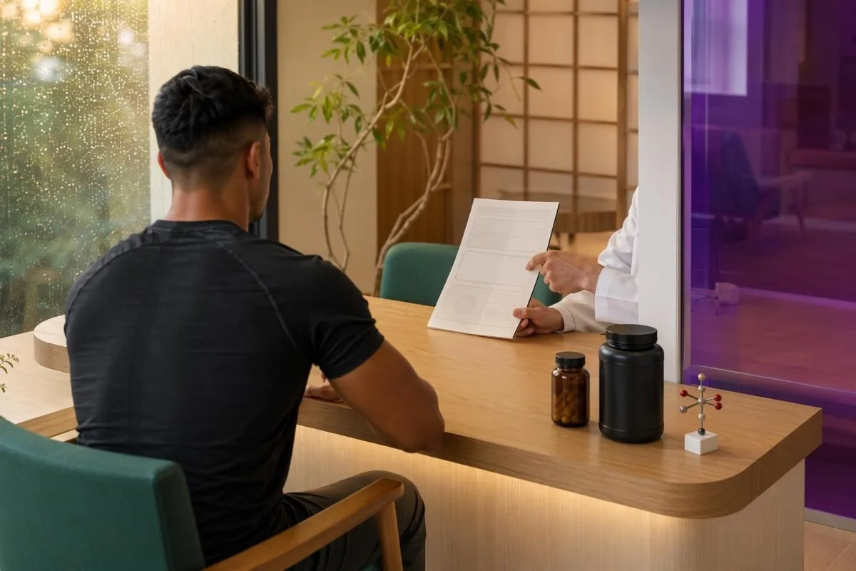 Supplementen voor atleten met weergave van langetermijntrends in laboratoriumresultaten en gedateerde supplementcontainers