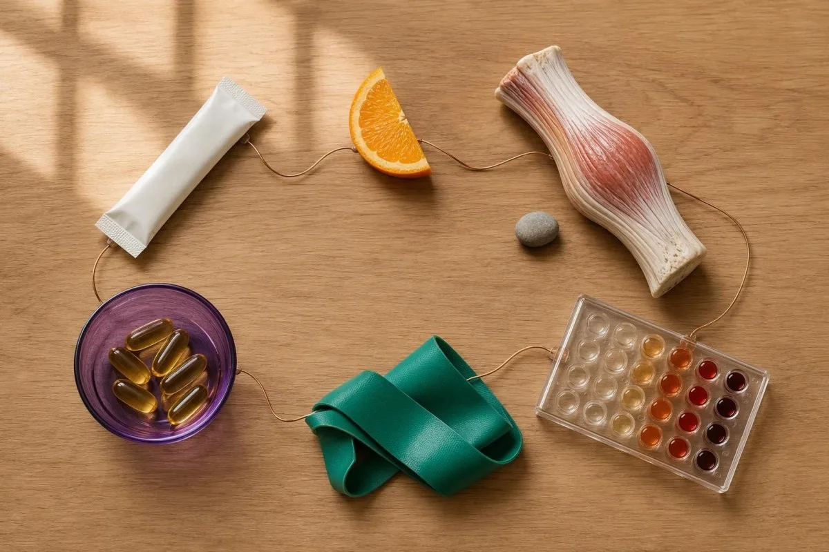 Supplementen voor atleten met vitamine D, magnesium, calciumrijke voedingsmiddelen en een model voor botdichtheid
