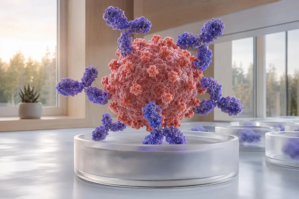 Blood test for trying to conceive with rubella IgG antibodies binding a virus particle