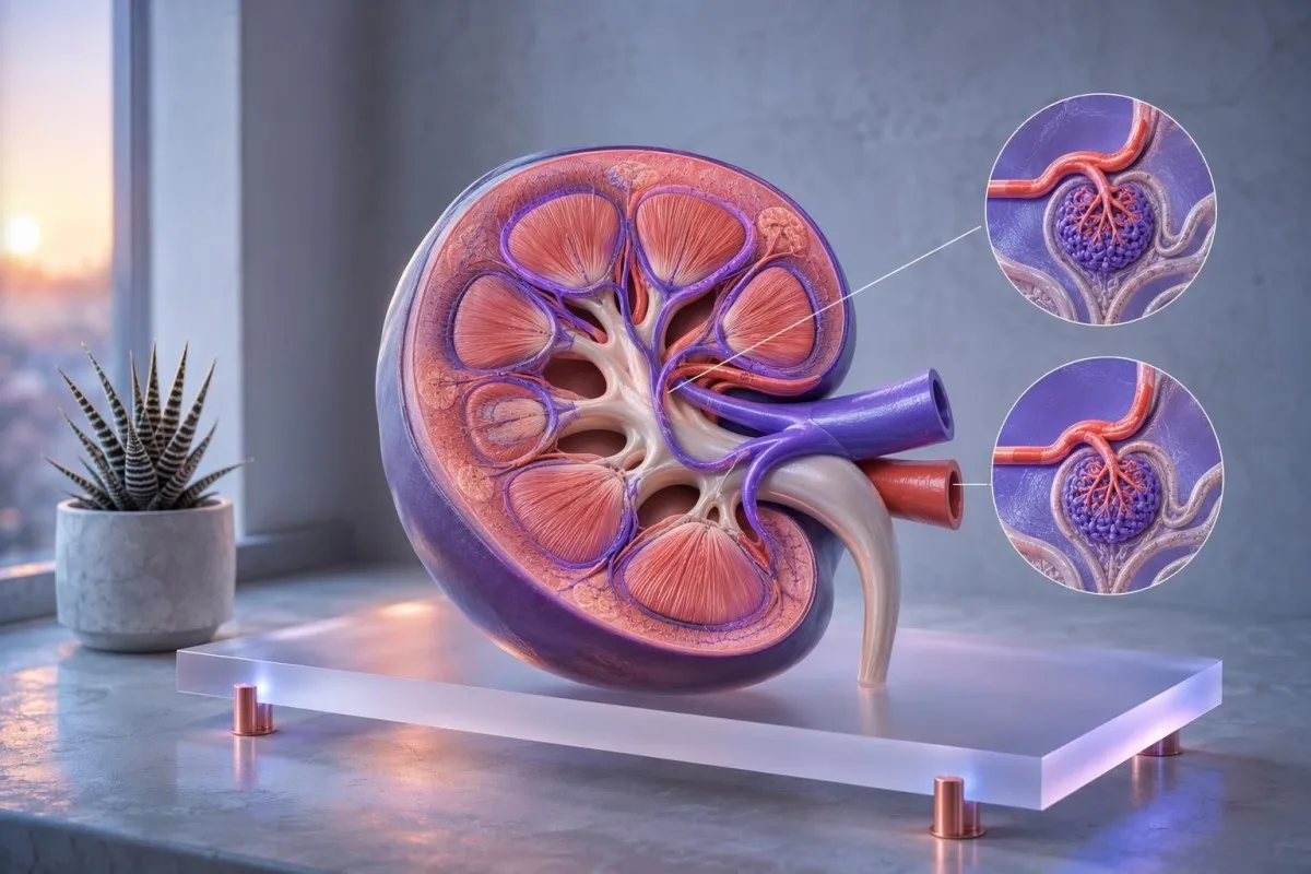 Hva betyr eGFR vist gjennom et anatomisk nyresnitt og glomerulære filtre