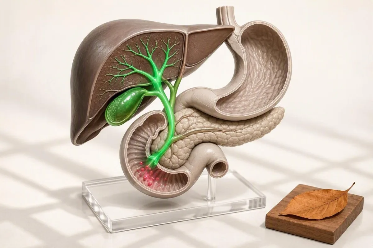 फिकल फॅट चाचणीचा संदर्भ—यकृत (liver), पित्ताशय (gallbladder) आणि पित्तनलिका (bile duct) यांचा अॅनाटॉमिकल मार्ग दर्शविताना