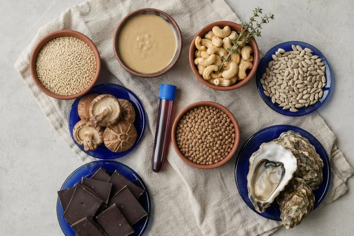 Продукты, богатые медью, размещены рядом с лотком образца для лабораторного анализа микроэлементов