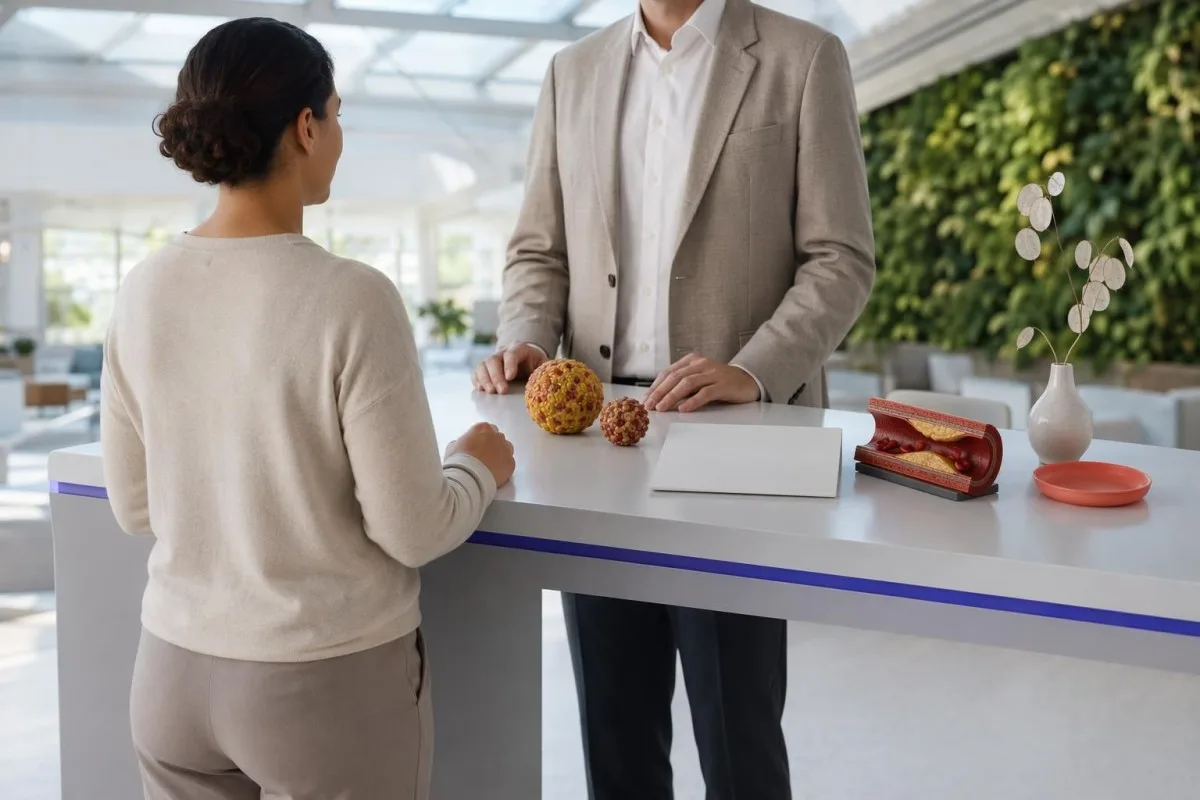 مريض وطبيب/ممارس صحي يراجِعان خطة مختبر للقلب والأوعية الدموية في مركز طبي مضاء بضوء الشمس