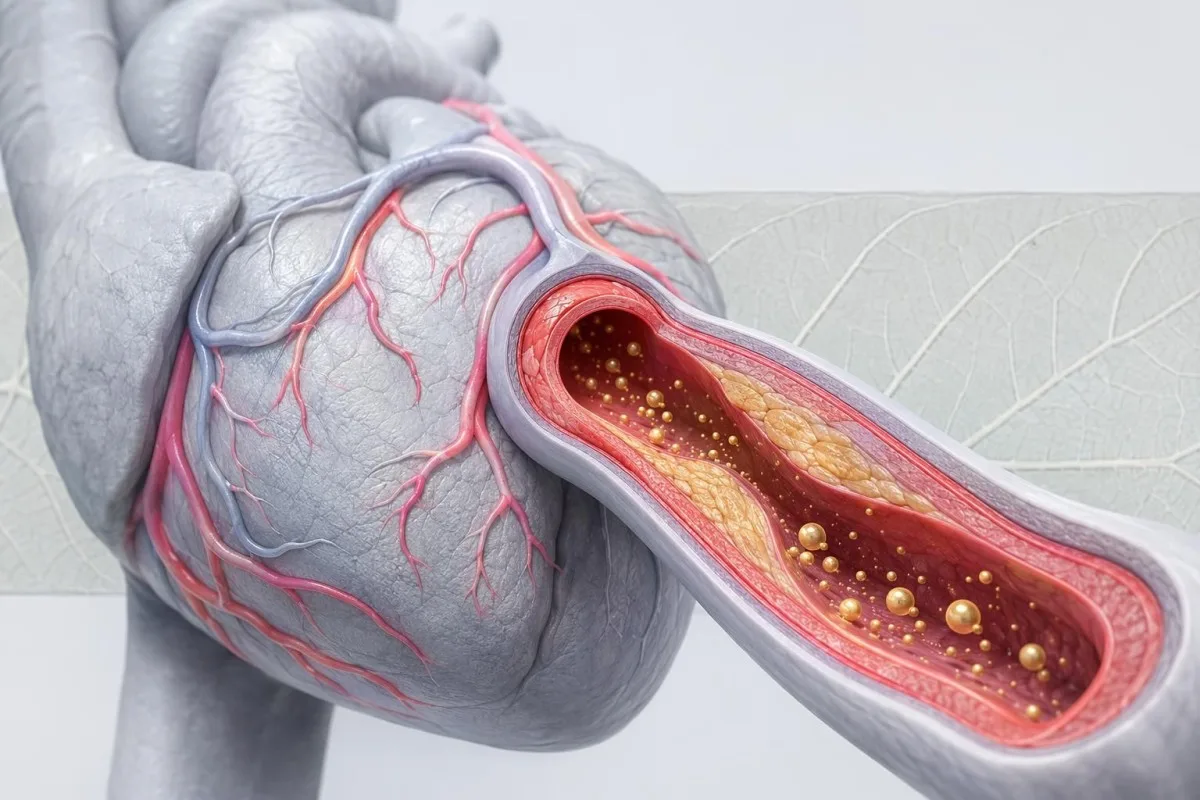 مقطع تشريحي عرضي للشريان يُظهر أين تتفاعل جسيمات LDL المتداولة مع بطانة الوعاء