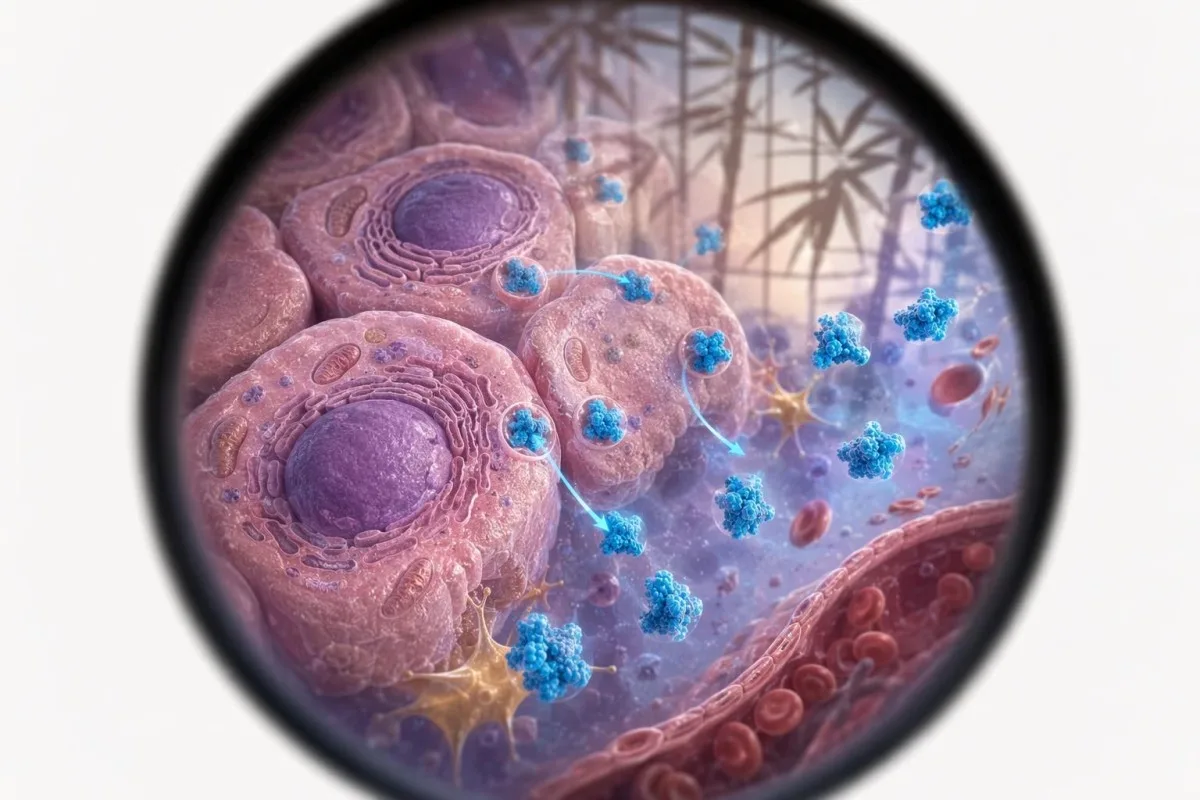Longevity-diet illustratie van cellulaire glucose-opname met insulinesignalering aan het oppervlak van een spiercel