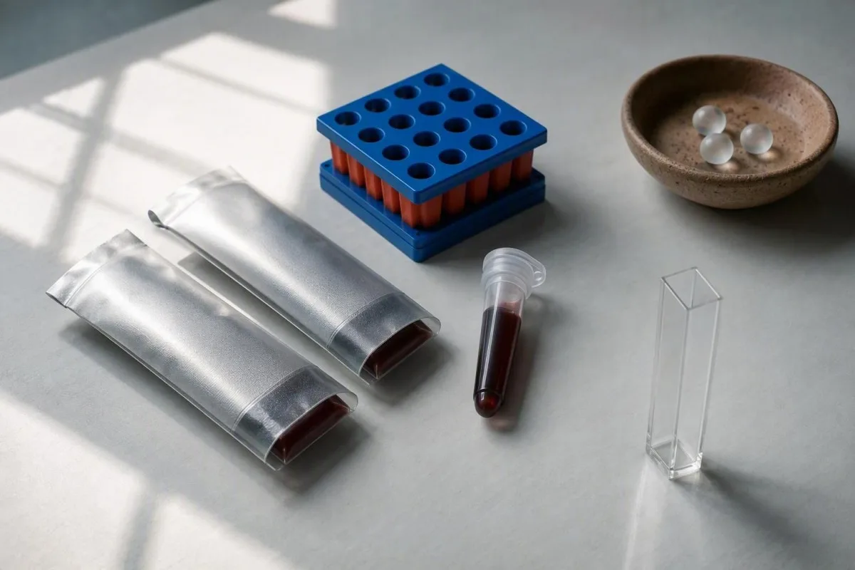 Analiza urinarnih metabolita za test niacina postavljena sa kontejnerom za prikupljanje i opremom laboratorije za hromatografiju