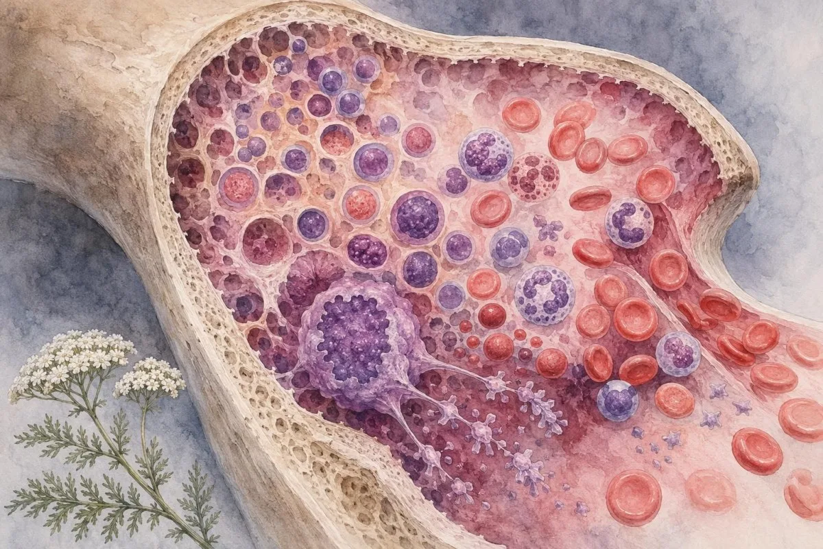 Elementos celulares de la prueba de sangre preventiva observados en una muestra en portaobjetos de laboratorio clínico