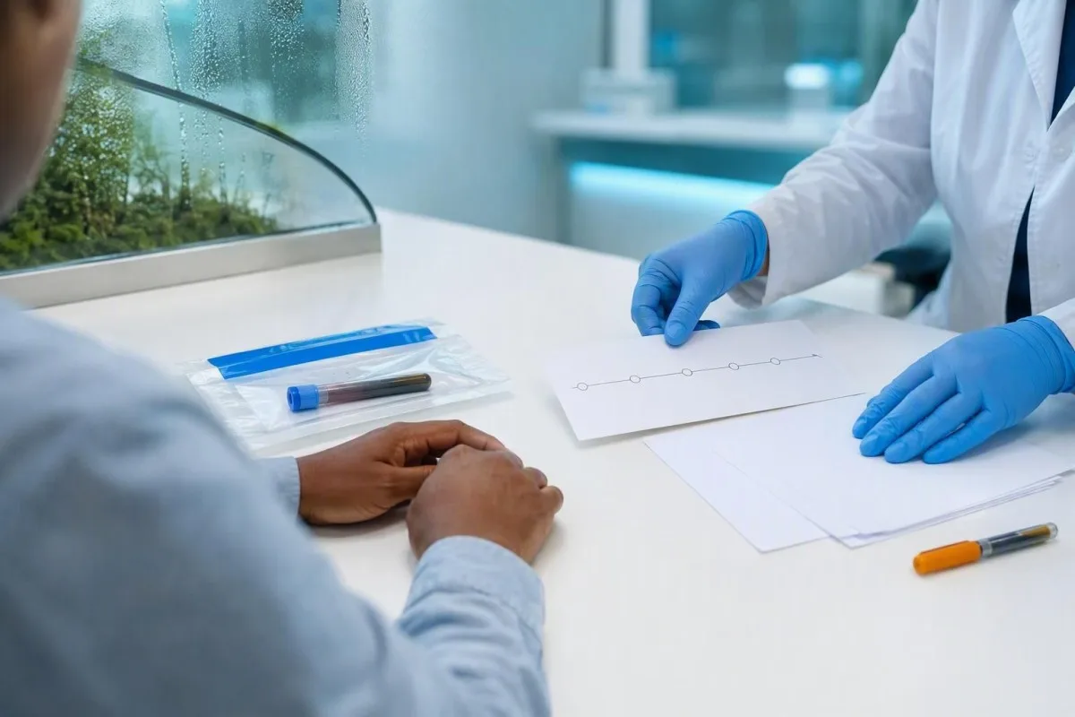 Consultacion d’analisi de sang per de cambiaments d’estat d’arma amb un clinician que revisa los resultats de mostra de laboratòri