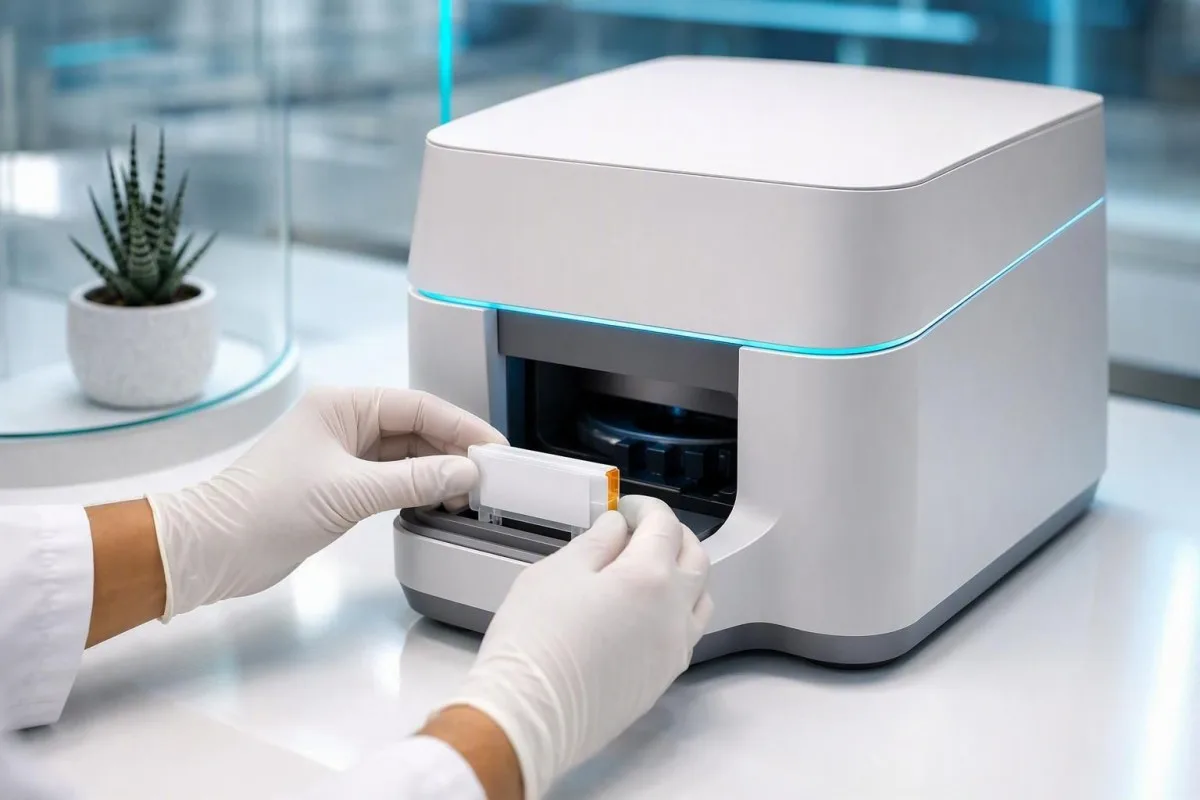 Analitzador de glucosa mostrant el procés de proves de laboratori per a símptomes d’un sobtat canvi d’estat d’ànim