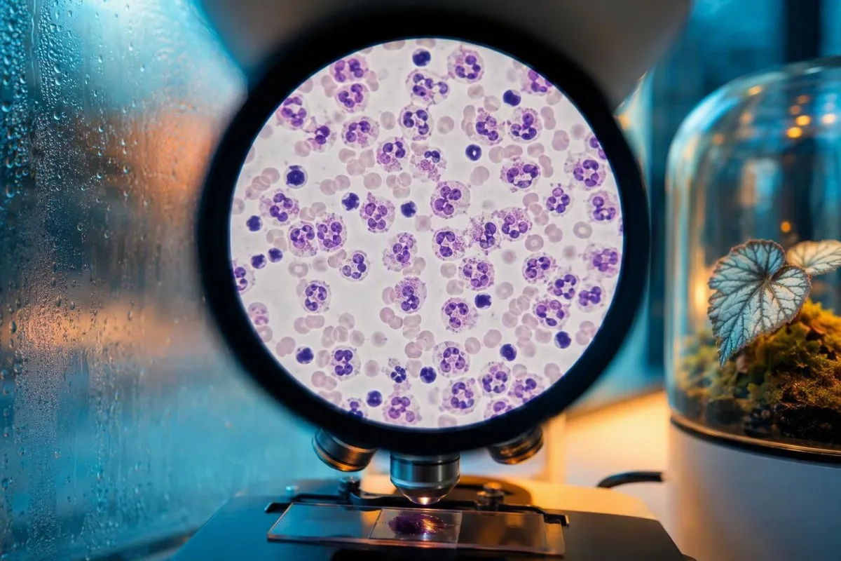 Low lymphocytes symptoms shown by a sparse lymphocyte field on a clinical cell sample slide
