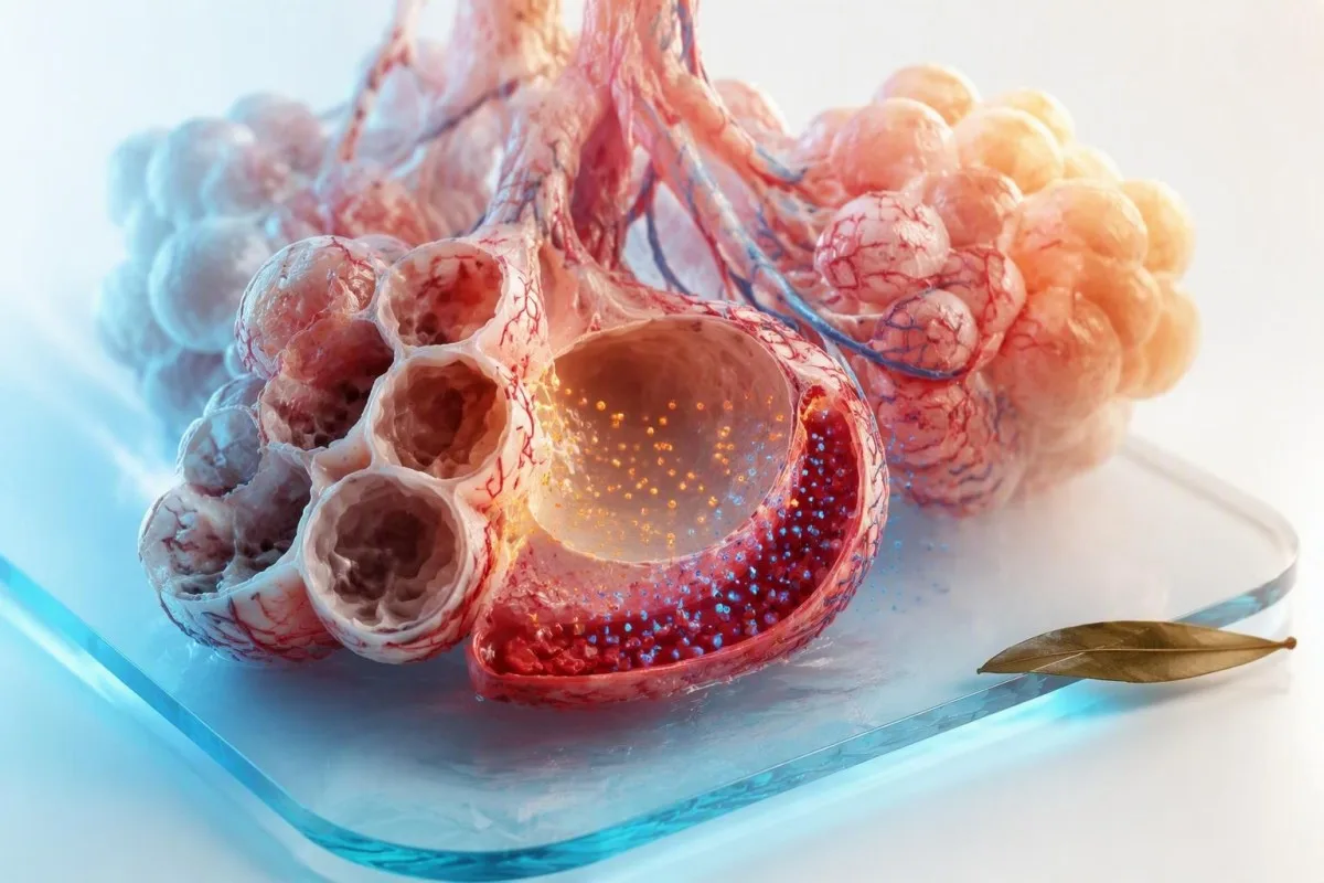 Arterielle blodgassresultater visualisert gjennom alveoler som utveksler oksygen og karbondioksid