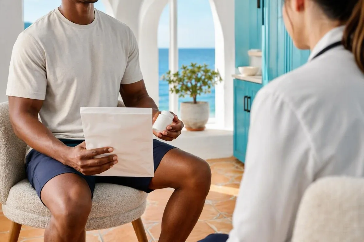 Athlète préparant un échantillon de laboratoire rénal standardisé le matin avec des notes sur l’hydratation et l’entraînement