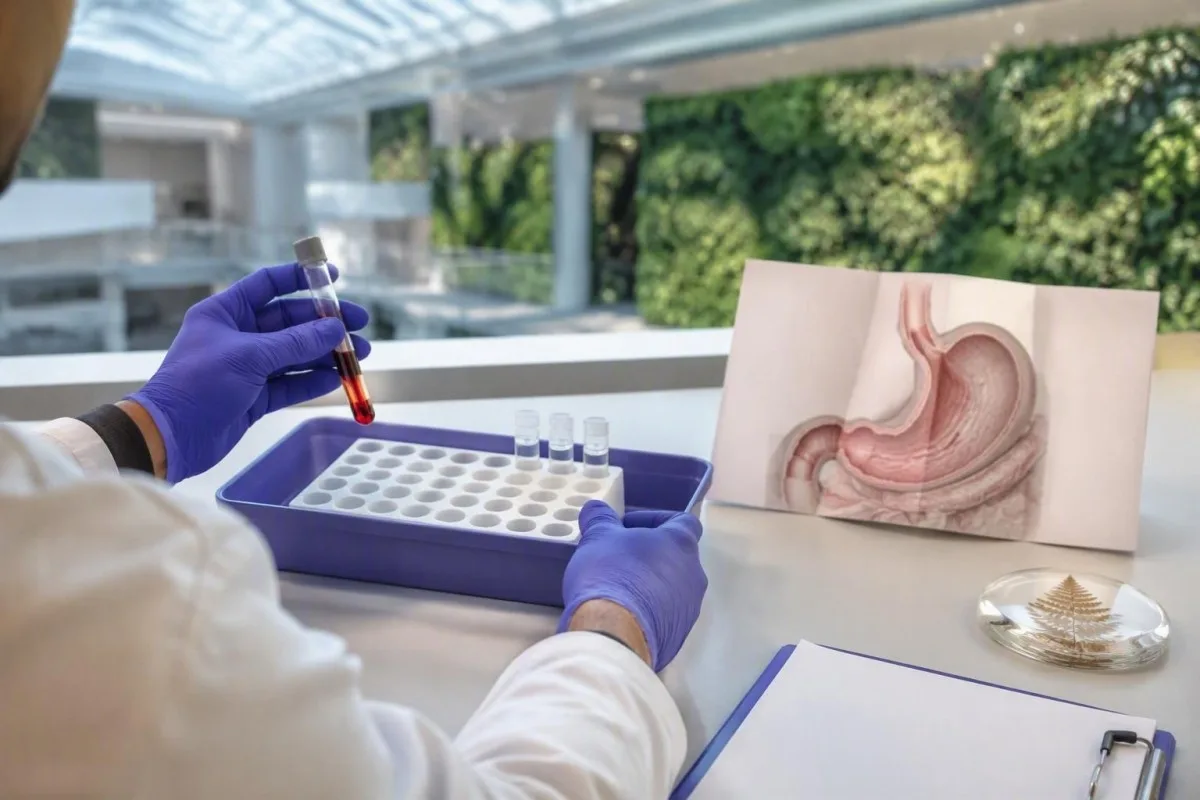 Molekula transportujúca aktívny B12 holotranskobalamín nad matným povrchom klinického laboratória