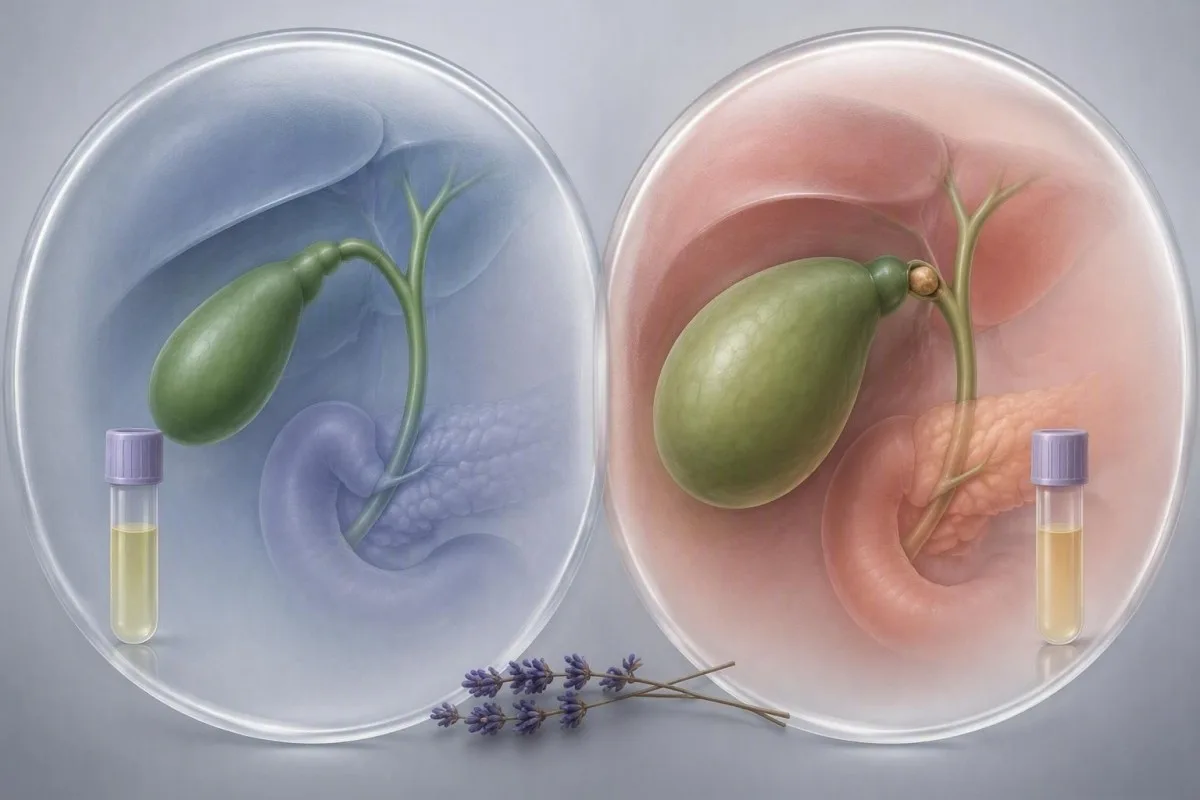 Résultat prise de sang de cholecystite montrant un dosage de lipase pancréatique à côté de l'anatomie de la vésicule biliaire