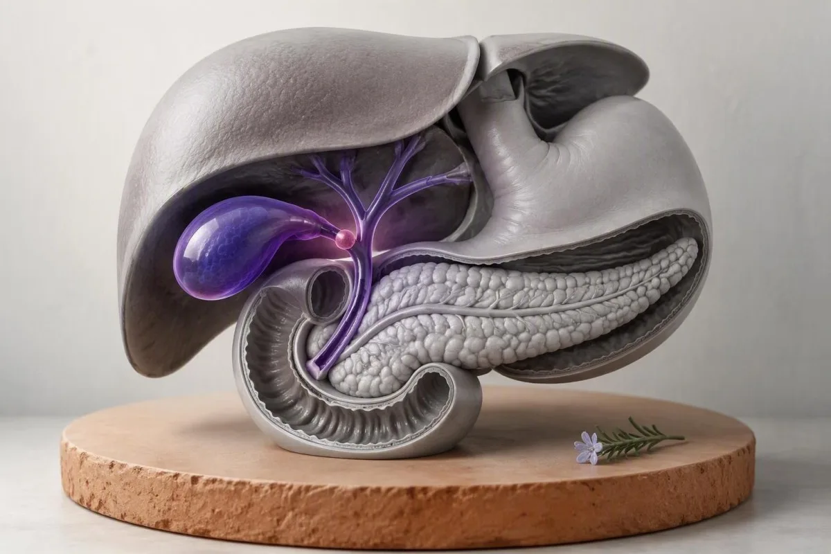 Résultat prise de sang de cholecystite interprétation IA montrant une revue des schémas de laboratoire à côté de l'imagerie de la vésicule biliaire