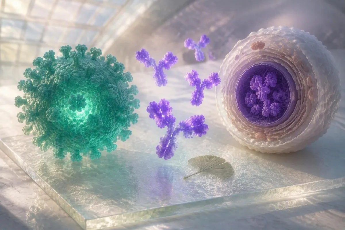 risultati analisi del sangue EBV mostrati come tre marcatori anticorpali attorno a un modello del virus Epstein-Barr