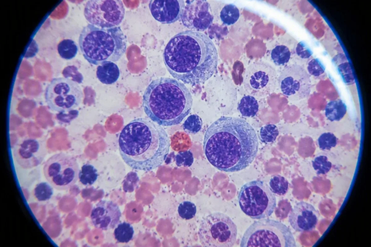 Tangane pasien nyiapake cathetan laboratorium sing wis diatur kanggo diskusi hematologi