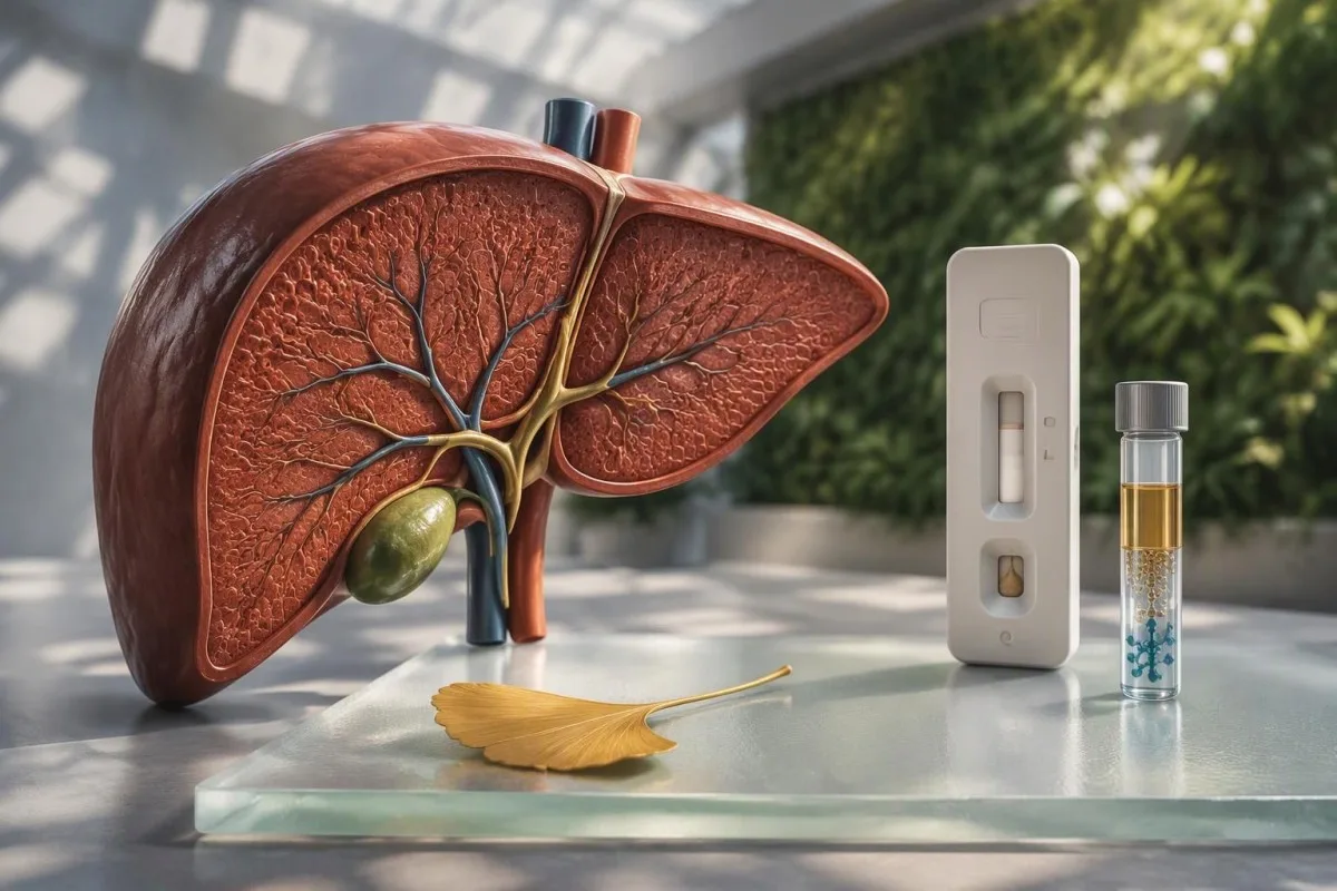 Hepatitt E-blodprøve med lever-tverrsnitt og antistoff- og molekylærtestmaterialer