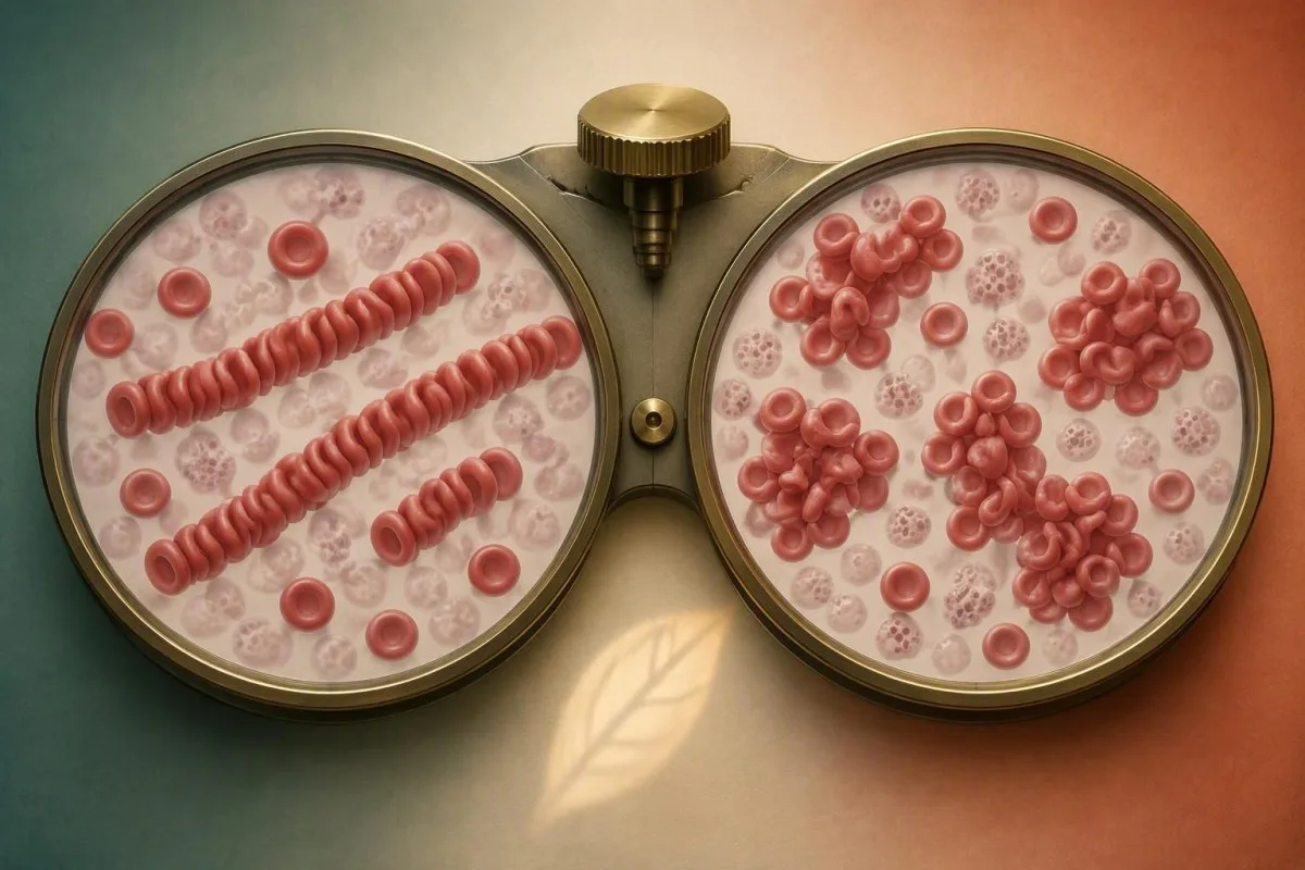 Ferritin နှင့် transferrin ဓာတ်ခွဲခန်း စစ်ဆေးခြင်းနှင့် rouleaux cellular morphology slide ဘေးတွင်