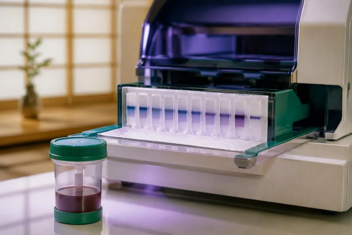 Risultati M-spike dell'elettroforesi delle proteine sieriche mostrati come un picco proteico stretto in una visualizzazione di laboratorio