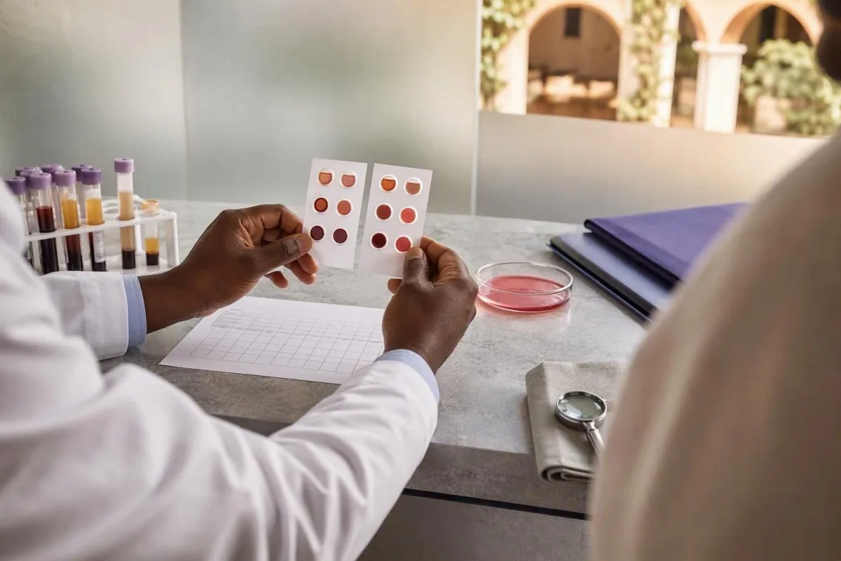 Sakit konsultasiya şəraitində təcili laboratoriya nümunəsinin qiymətləndirilməsini göstərən həkim tərəfindən transferrin testinin nəzərdən keçirilməsi