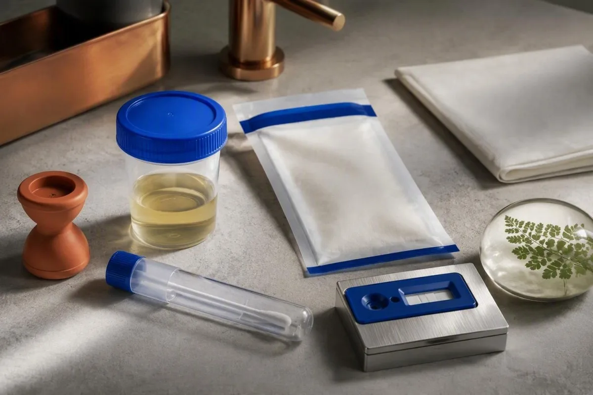 Kit de recollida de probas de tricomoníase con hisopo e recipiente para a primeira urina