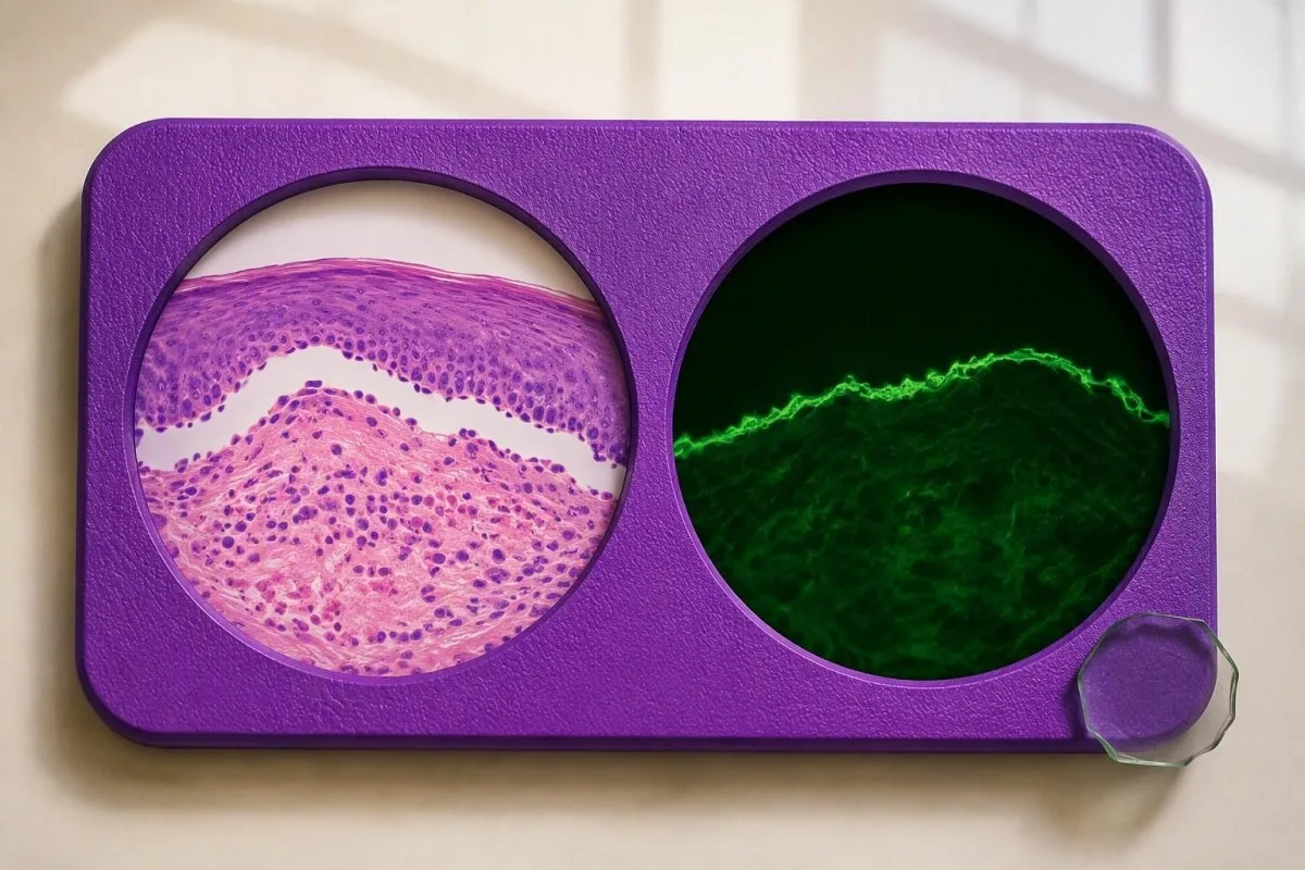BP180 Antibody Positive: When Pemphigoid Is Confirmed 10 Paired skin tissue views showing routine microscopy and basement-membrane immunofluorescence